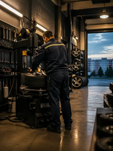Tehnician Auto Pro Vulcan lucrând la o anvelopă în atelierul din Cluj-Napoca
